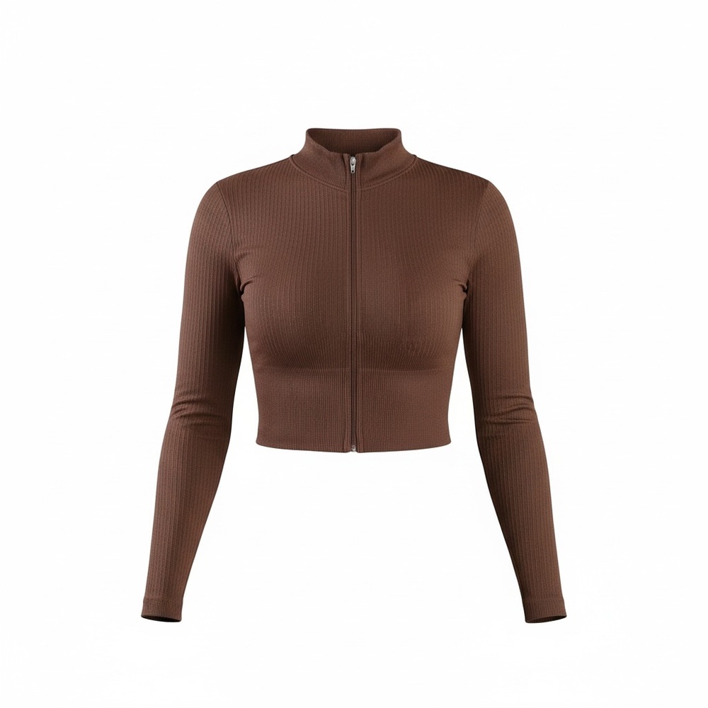 Brown Ribbed Cropped Zip-Up Sweater – Size S